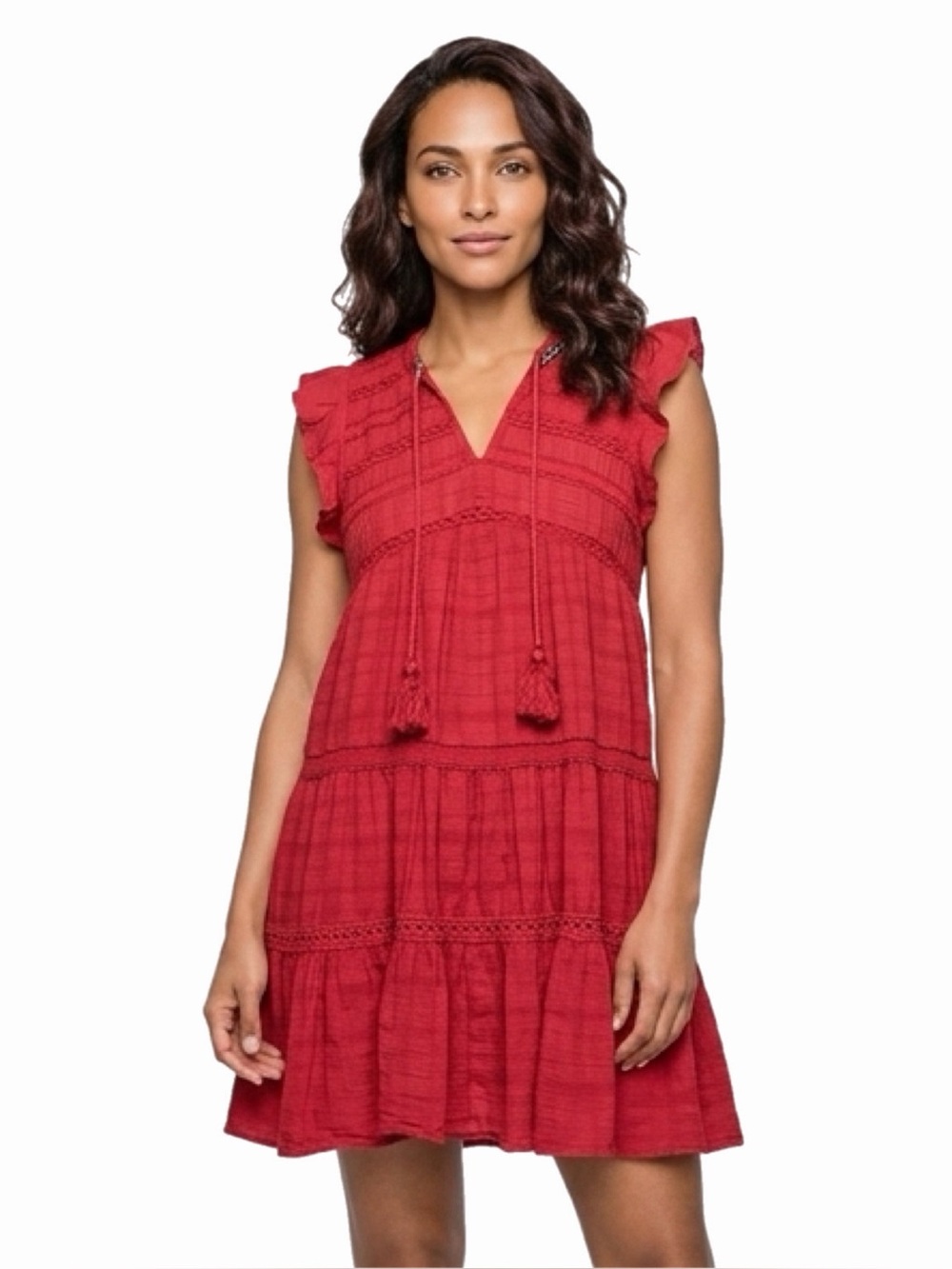 Embroidery Boho Knox Rose Cotton Midi Dress w Tassels (Red) Size Medium